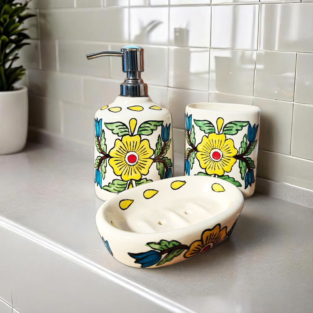 3 Piece Bathroom Accessories Set (Yellow Flowers)
