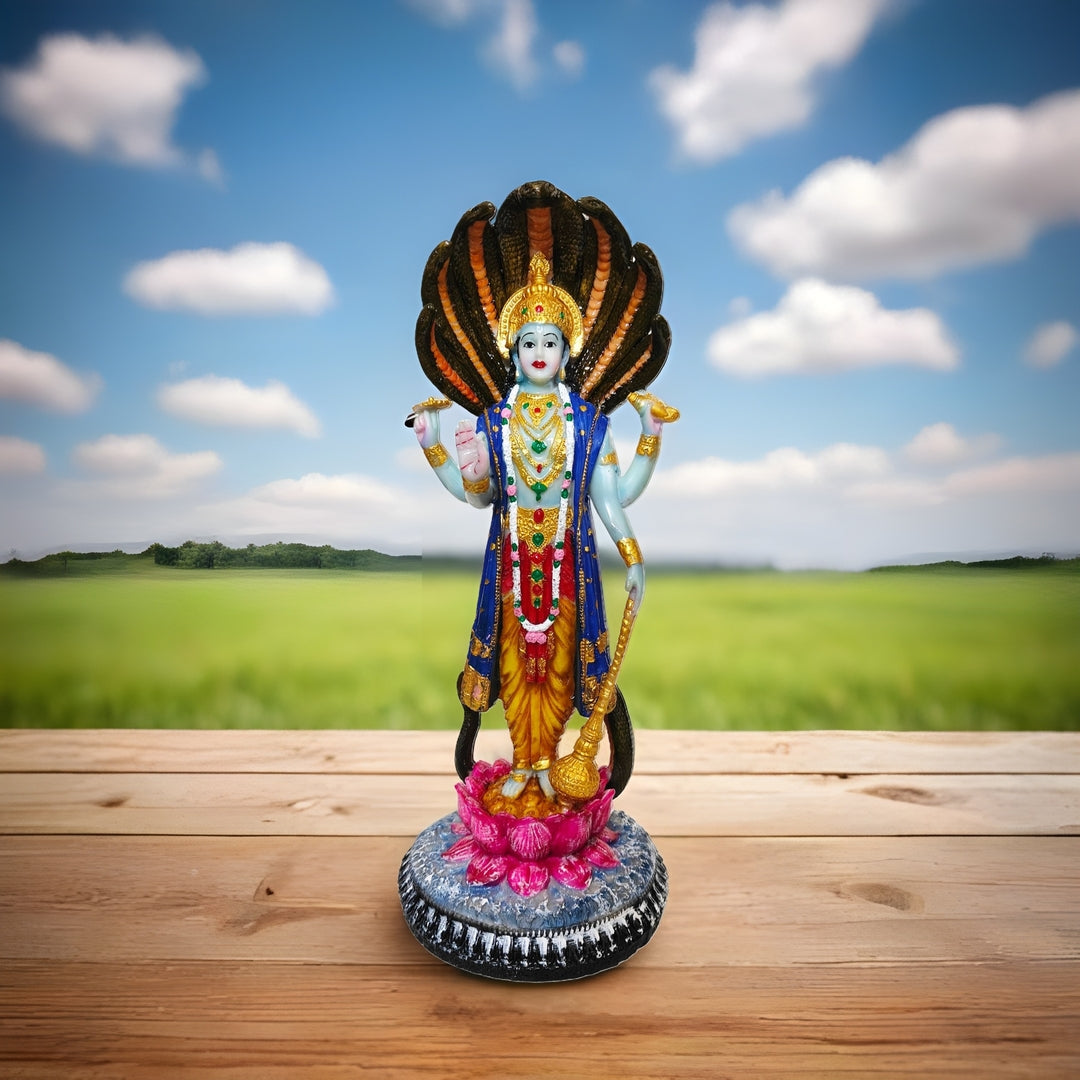 Narayan Vishnu Bhagwan Statue, 12 Inches, Lakshminarayan Full-Colour Murti Standing on Lotus and Sheshnag