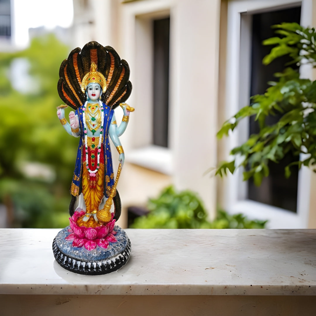 Narayan Vishnu Bhagwan Statue, 12 Inches, Lakshminarayan Full-Colour Murti Standing on Lotus and Sheshnag