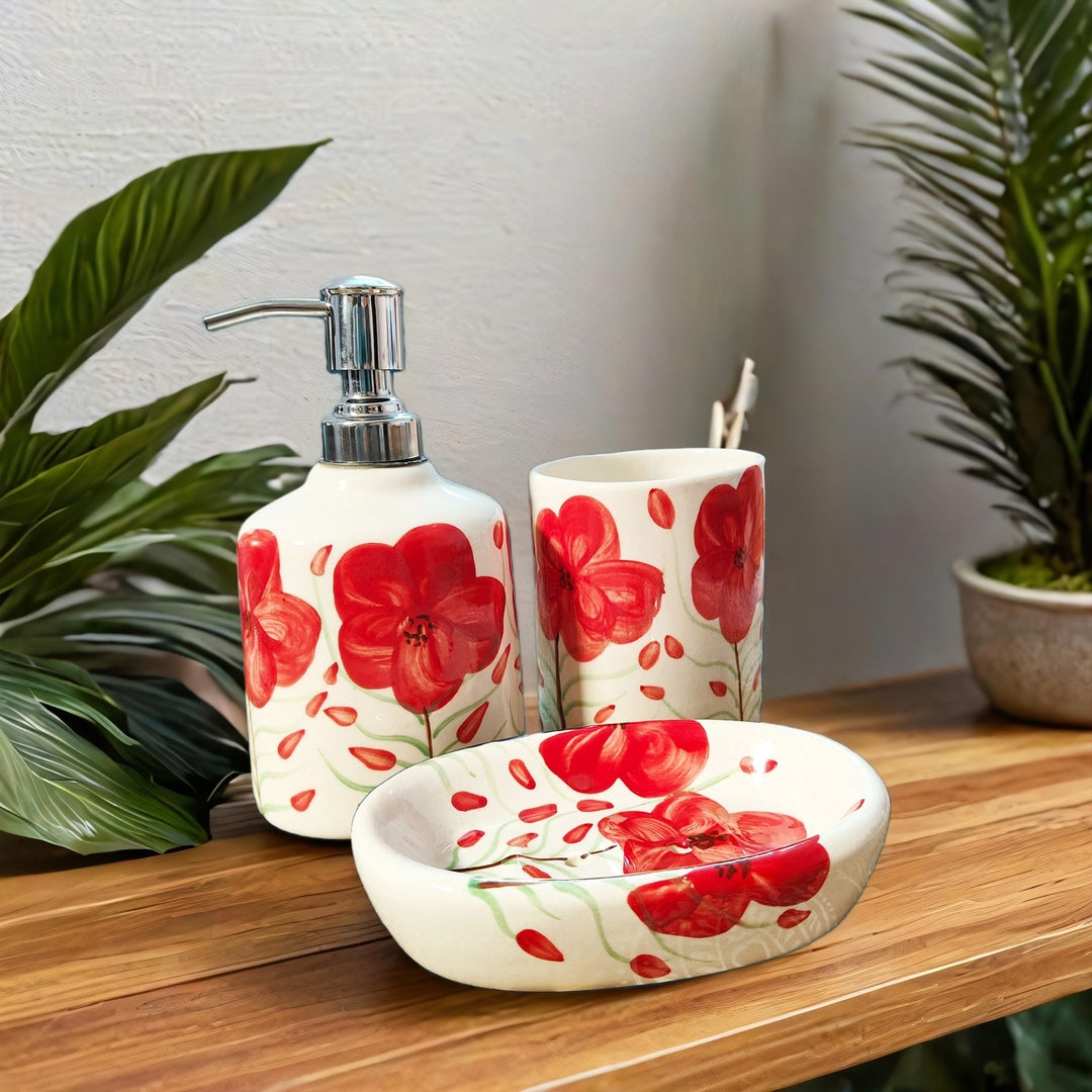3 Piece Bathroom Accessories Set (Red Flowers)