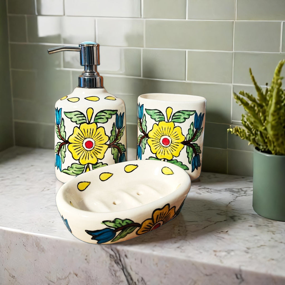 3 Piece Bathroom Accessories Set (Yellow Flowers)