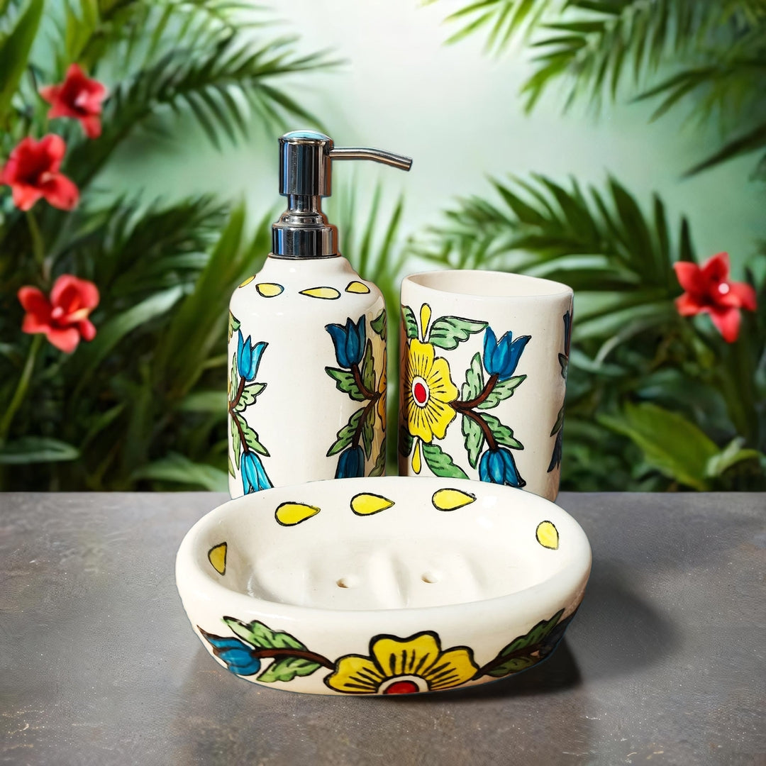 3 Piece Bathroom Accessories Set (Yellow Flowers)