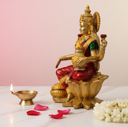 Lakshmi Devi Idol (Gold and Maroon,  7 Inches)