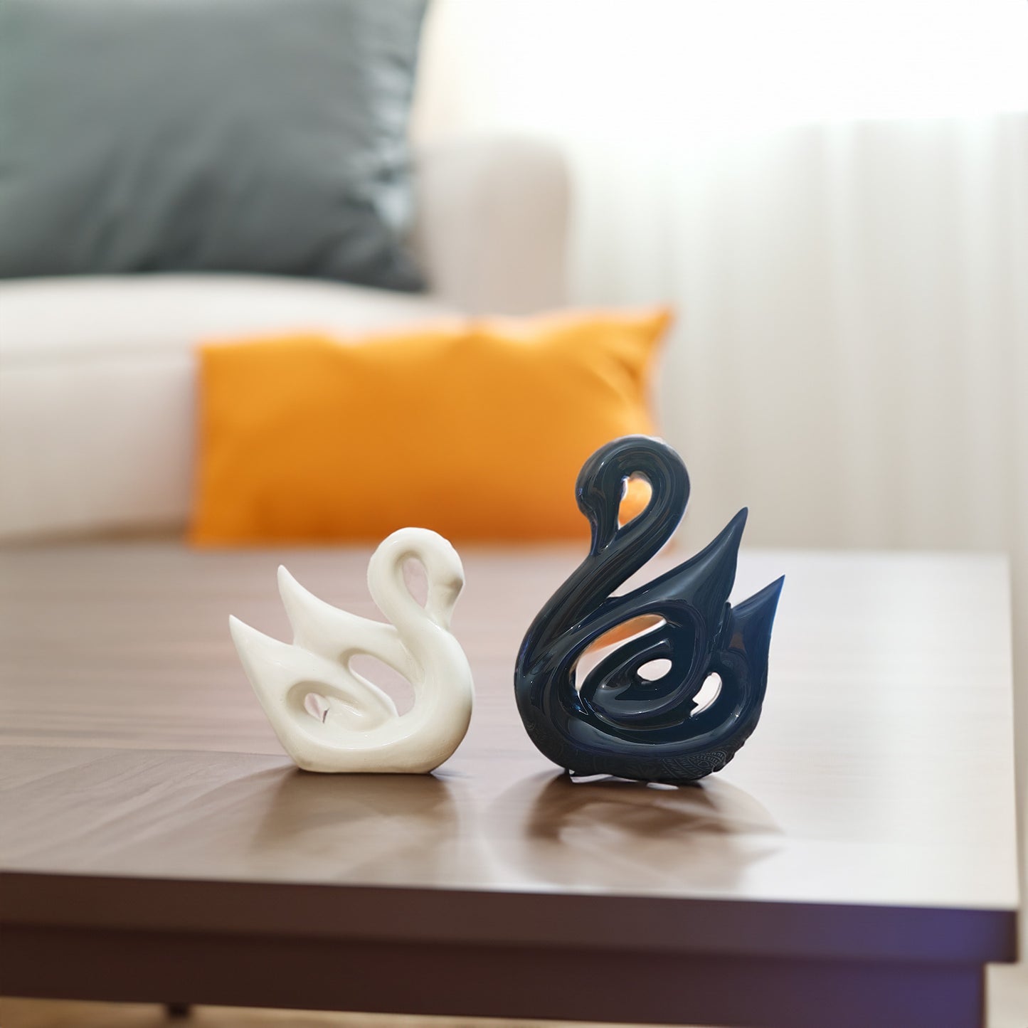 Swan Couple Figurines Showpieces, Set of 2, White and Navy Blue