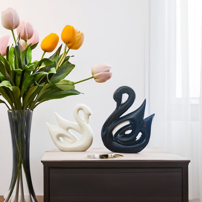 Swan Couple Figurines Showpieces, Set of 2, White and Navy Blue
