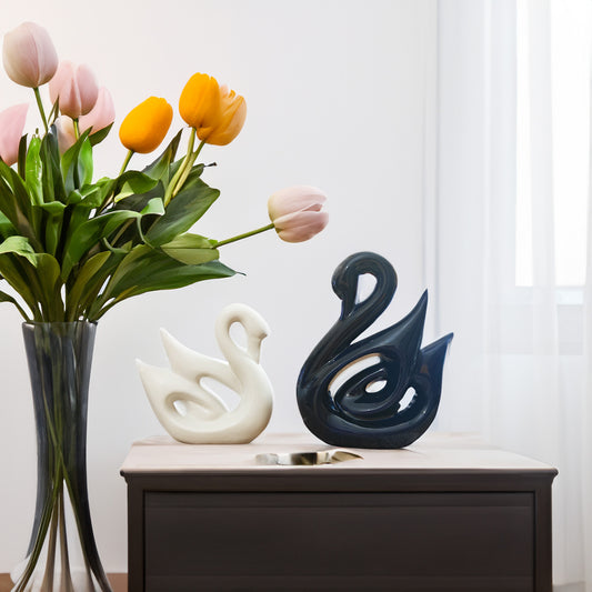 Swan Couple Figurines Showpieces, Set of 2, White and Navy Blue