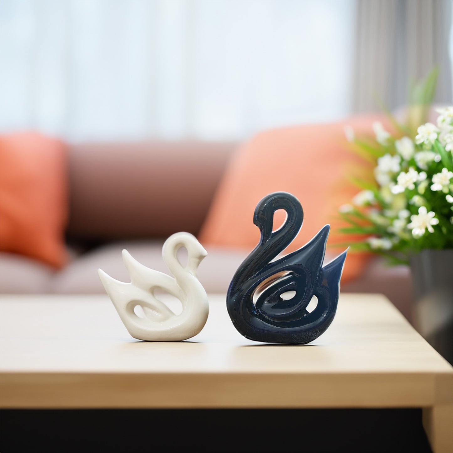 Swan Couple Figurines Showpieces, Set of 2, White and Navy Blue