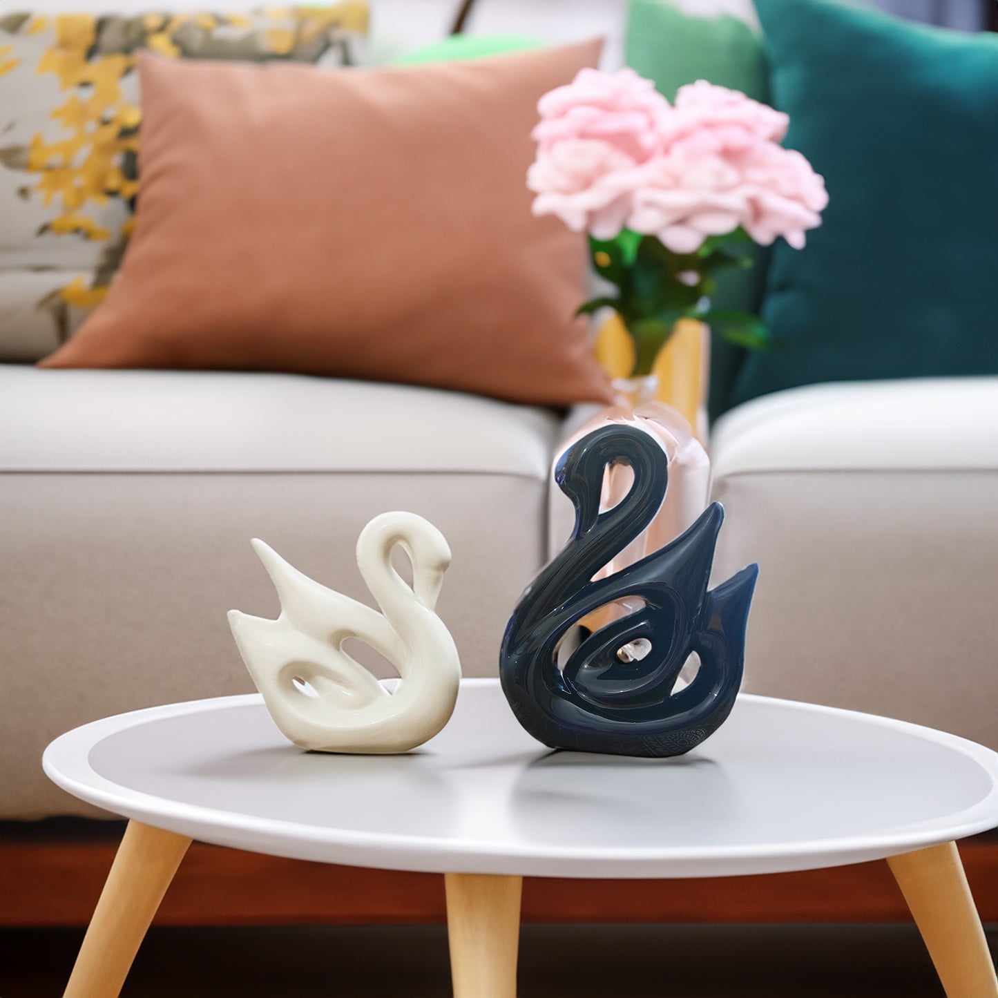 Swan Couple Figurines Showpieces, Set of 2, White and Navy Blue