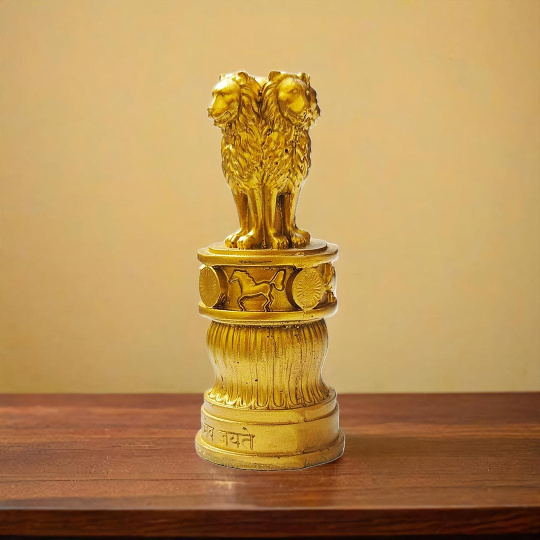 Ashok Stambh Replica for Table Display, Gold-Finish Resin Statue, 5 Inches Ashoka's Pillar