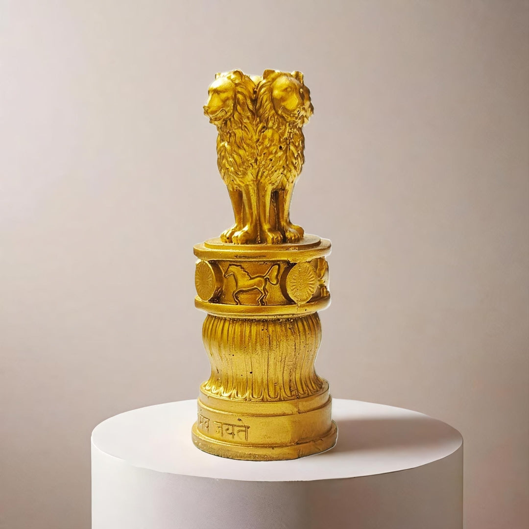 Ashok Stambh Replica for Table Display, Gold-Finish Resin Statue, 5 Inches Ashoka's Pillar