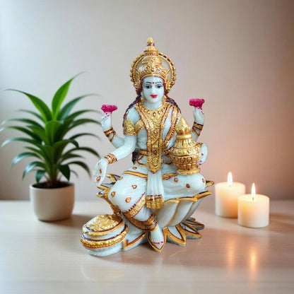 YASHONIDHI Lakshmi Devi Marble Dust Idol, White and Gold, 7 Inches