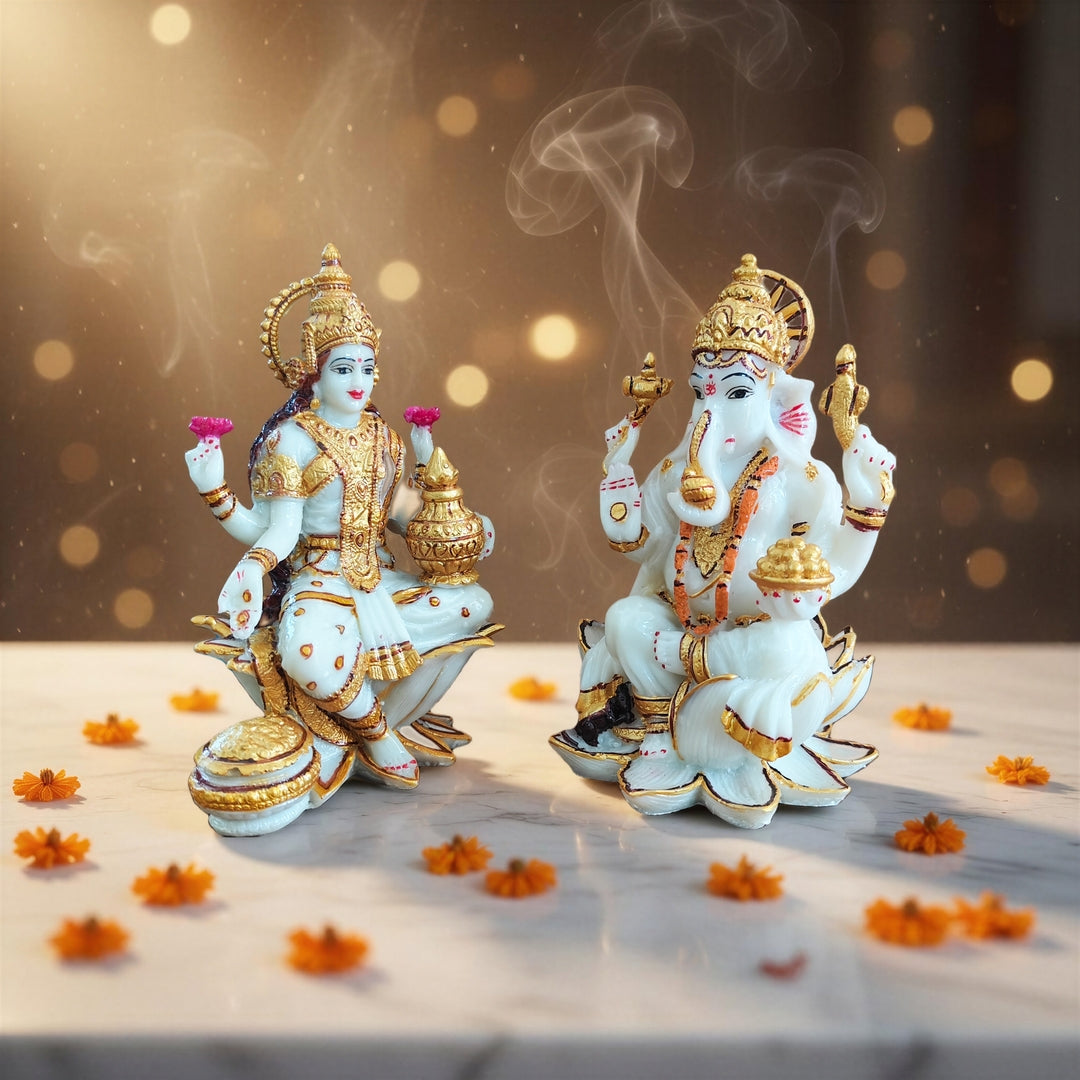 YASHONIDHI Lakshmi DEvi and Lord Ganesh Idols Set, White and Golden, Marble Dust, 7 Inches