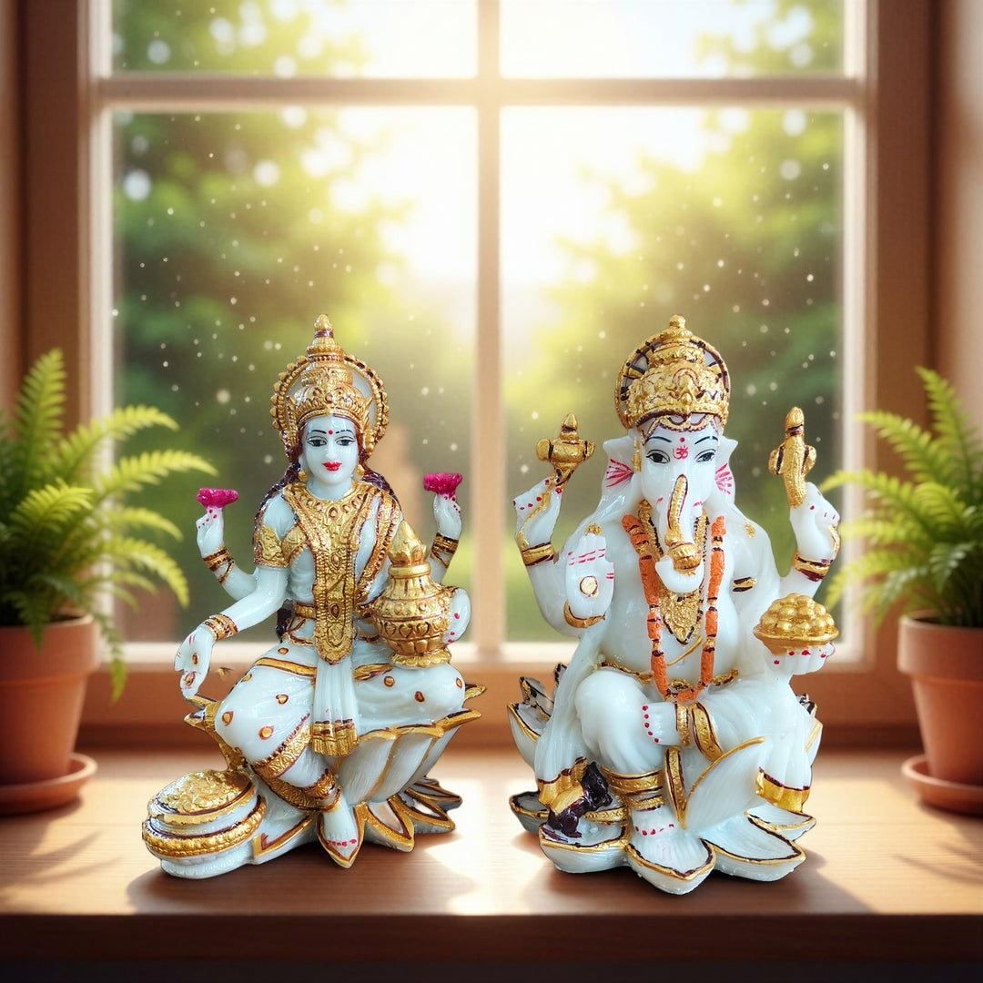 YASHONIDHI Lakshmi DEvi and Lord Ganesh Idols Set, White and Golden, Marble Dust, 7 Inches