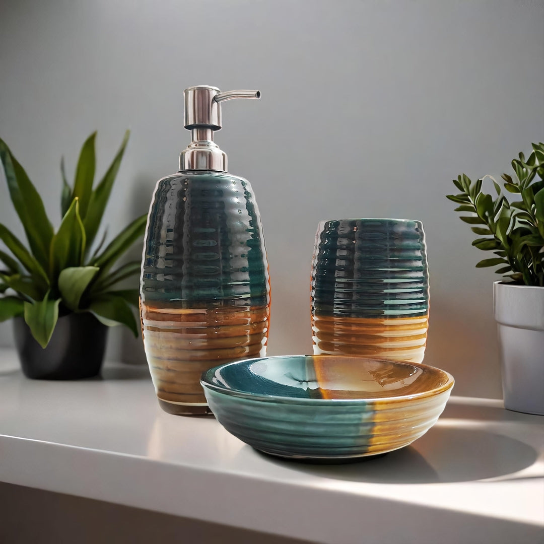 3 Piece Bathroom Accessories Set (Green and Mustard)