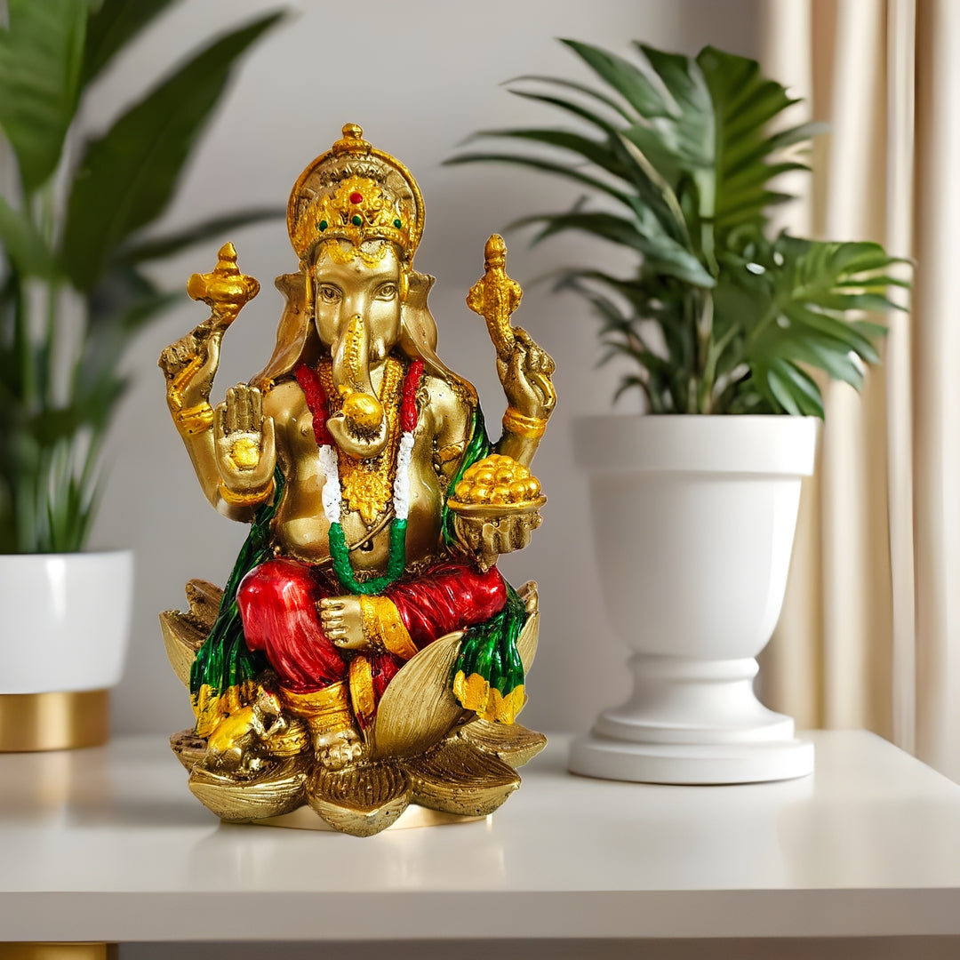 YASHONIDHI Lord Ganesha Idol, 7 Inches, Resin, Gold and Maroon, Ganapati Murti