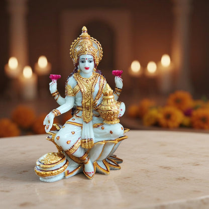 YASHONIDHI Lakshmi Devi Marble Dust Idol, White and Gold, 7 Inches