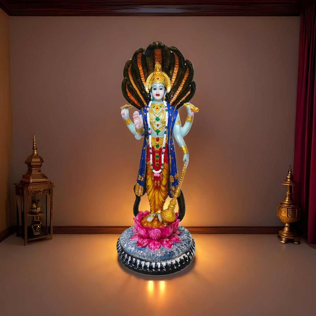 Narayan Vishnu Bhagwan Statue, 12 Inches, Lakshminarayan Full-Colour Murti Standing on Lotus and Sheshnag