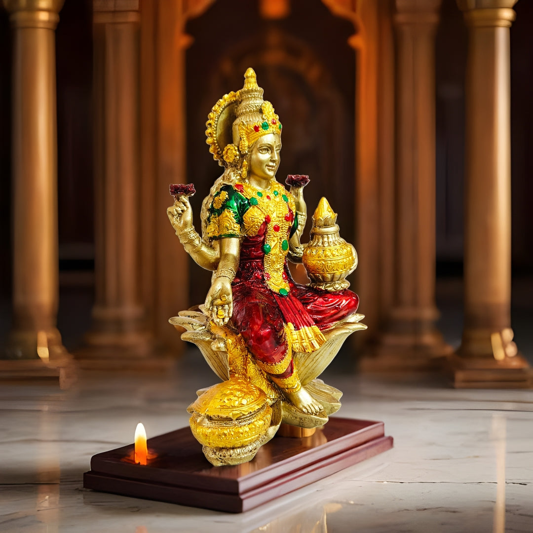 Lakshmi Devi Idol (Gold and Maroon,  7 Inches)