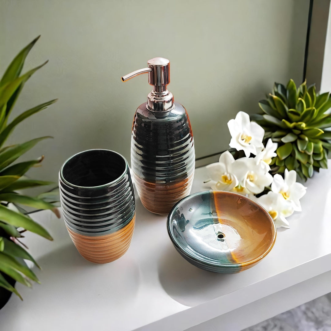 3 Piece Bathroom Accessories Set (Green and Mustard)