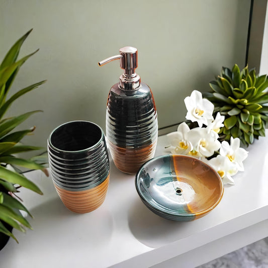 3 Piece Bathroom Accessories Set (Green and Mustard)