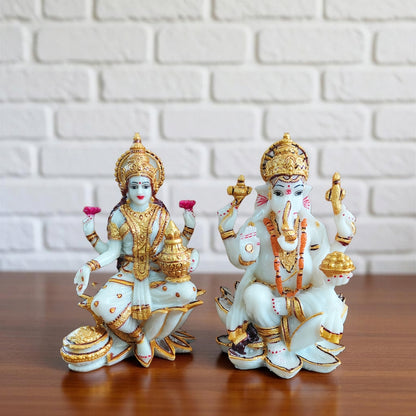 YASHONIDHI Lakshmi DEvi and Lord Ganesh Idols Set, White and Golden, Marble Dust, 7 Inches