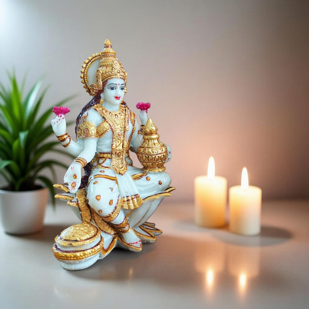 YASHONIDHI Lakshmi Devi Marble Dust Idol, White and Gold, 7 Inches