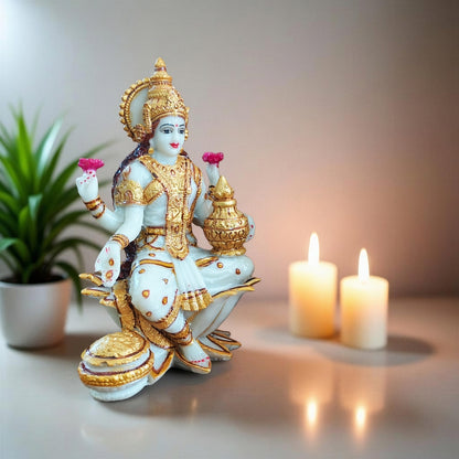 YASHONIDHI Lakshmi Devi Marble Dust Idol, White and Gold, 7 Inches