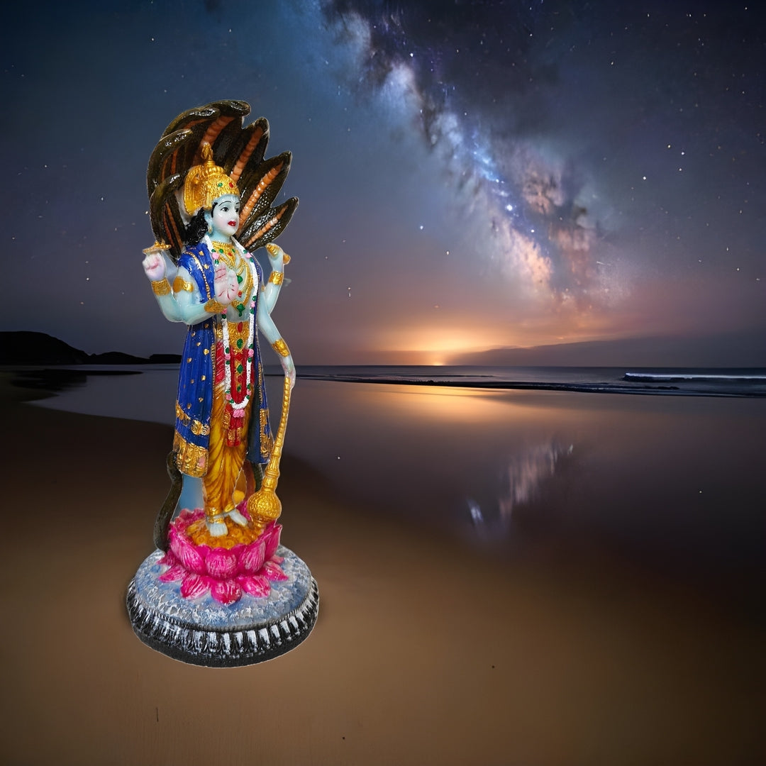Narayan Vishnu Bhagwan Statue, 12 Inches, Lakshminarayan Full-Colour Murti Standing on Lotus and Sheshnag