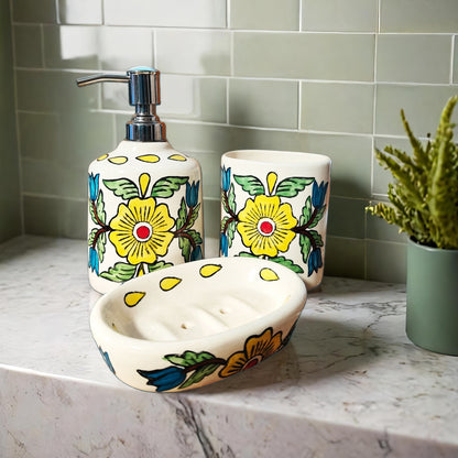 3 Piece Bathroom Accessories Set (Yellow Flowers)