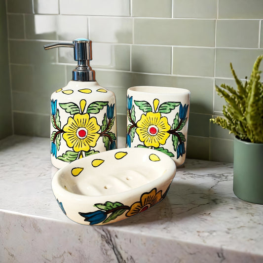 3 Piece Bathroom Accessories Set (Yellow Flowers)