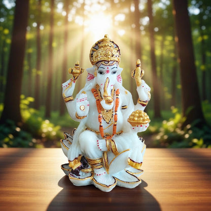 YASHONIDHI Lord Ganesh Idol, White and Gold Color, Marble Dust, 7 Inches