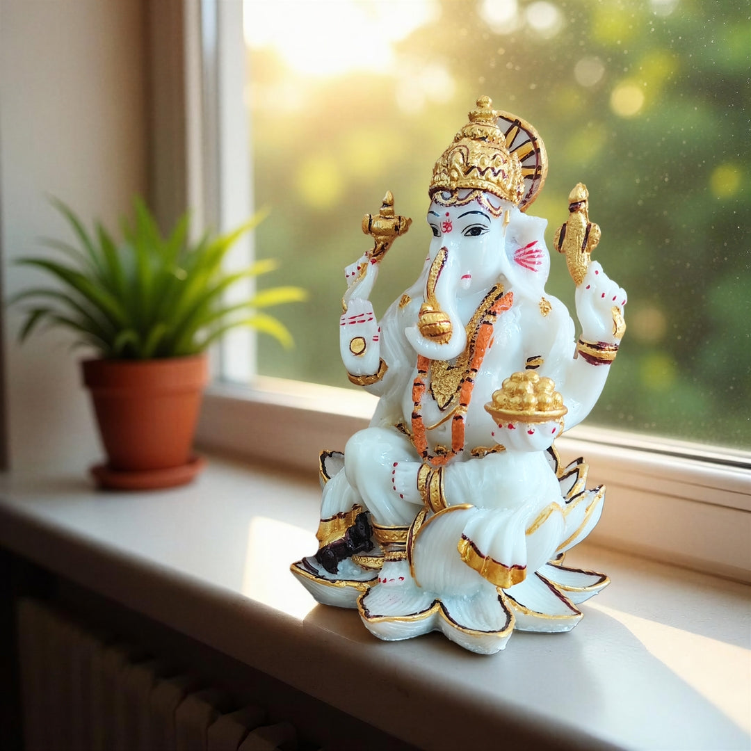 YASHONIDHI Lord Ganesh Idol, White and Gold Color, Marble Dust, 7 Inches