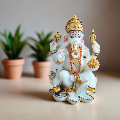 YASHONIDHI Lord Ganesh Idol, White and Gold Color, Marble Dust, 7 Inches