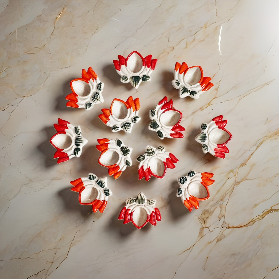 Reusable, Lotus-Shaped, Hand-painted, Ceramic Diyas [Set of 12]