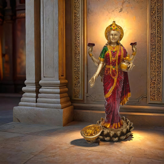 Lakshmi Devi Idol (Gold and Maroon,  10 Inches)