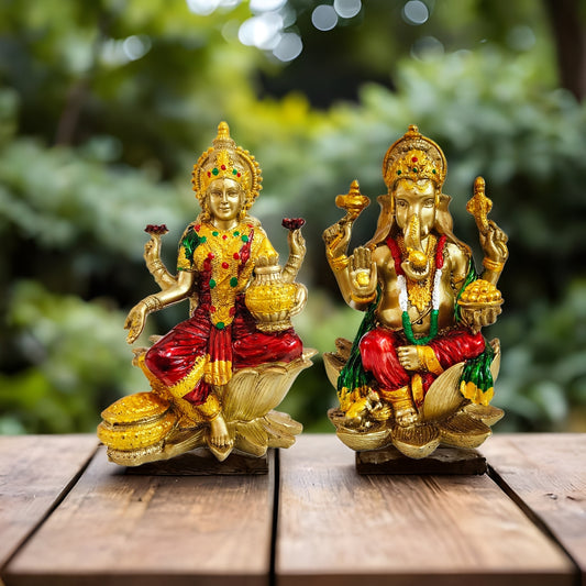 YASHONIDHI Lakshmi Ganesh Idols Set, Gold and Maroon Color, Resin, Laxmi Ganesha Murti