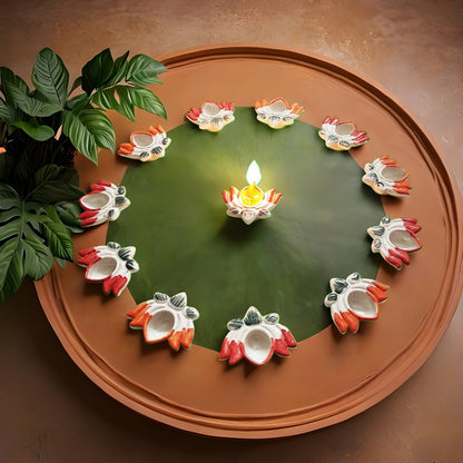 Reusable, Lotus-Shaped, Hand-painted, Ceramic Diyas [Set of 12]