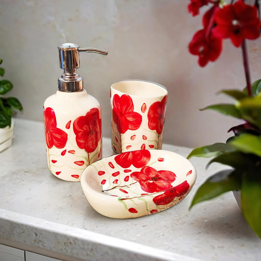 3 Piece Bathroom Accessories Set (Red Flowers)