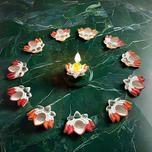 Reusable, Lotus-Shaped, Hand-painted, Ceramic Diyas [Set of 12]