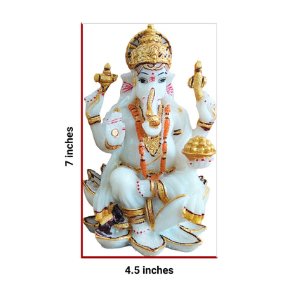YASHONIDHI Lord Ganesh Idol, White and Gold Color, Marble Dust, 7 Inches